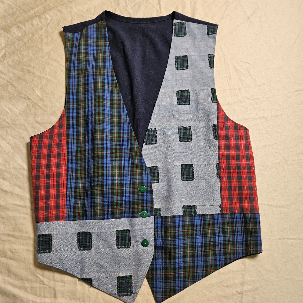 Vintage 90s Lightweight Patchwork Plaid Novelty Vest Academic Cottagecore Medium